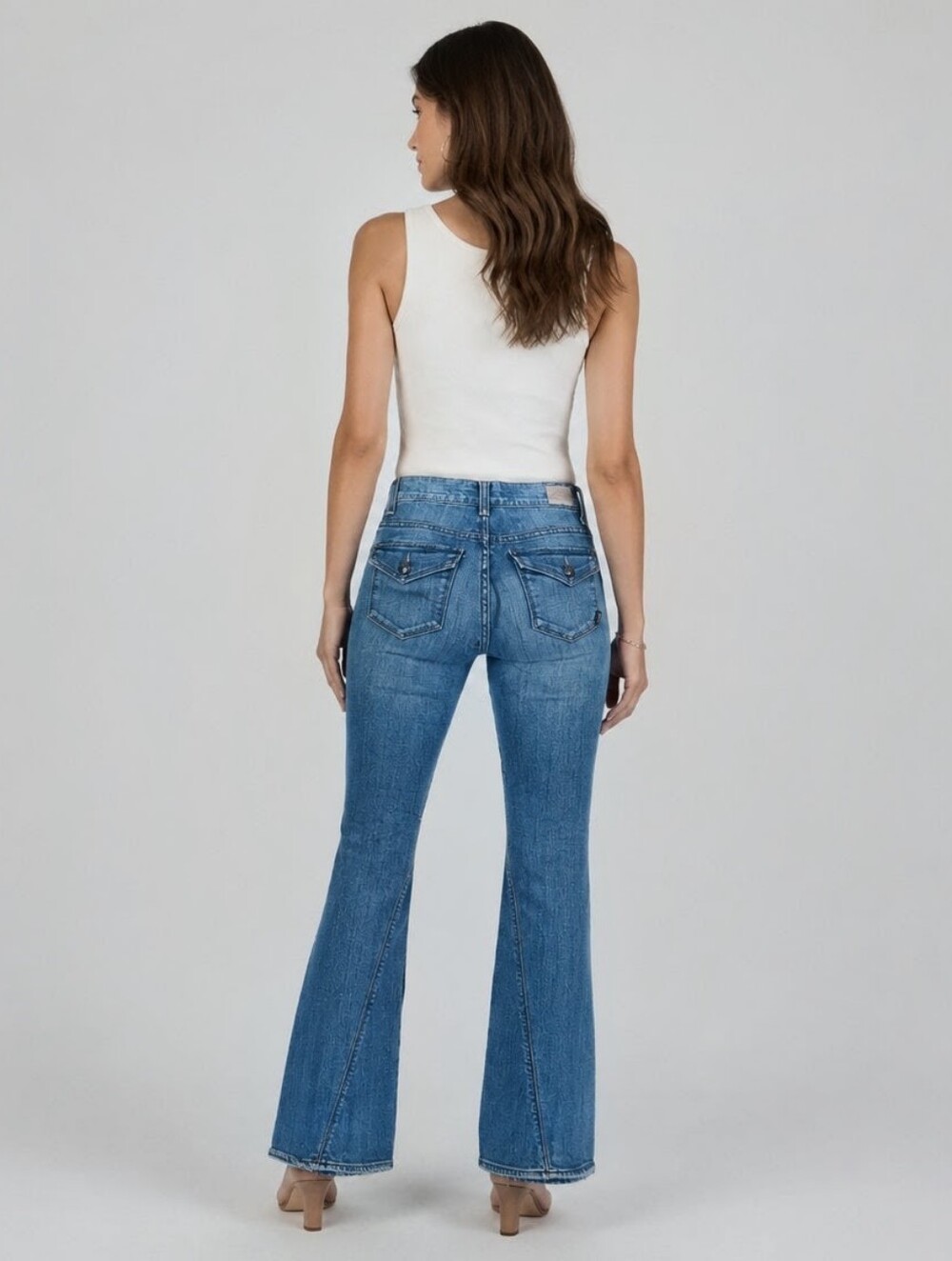 WORK Custom Shop Marmot Flare Jeans Asymmetrical Seams Flap Pockets 24 NWOT